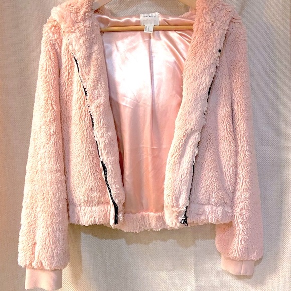 F21 Pink Faux Fur Hooded Jacket w/Black Trim and Satin Lining Medium - Picture 5 of 13